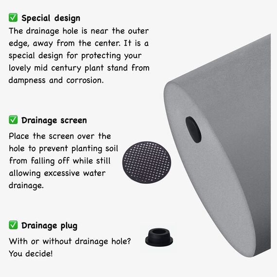 FaithLand Blumentopf, Pflanzkübel, Pflanztopf, 25,4 cm, passt perfekt auf moderne Pflanzenständer aus der Mitte des Jahrhunderts, Drainage-Stöpsel und Drainagesieb, grauer Übertopf
