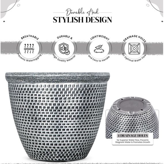 SG Traders 2 x großer runder Blumentopf aus Kunststoff, Gartendekoration, antikes Silber, 36 cm, Blumentöpfe für den Außenbereich, mit Drainagelöchern