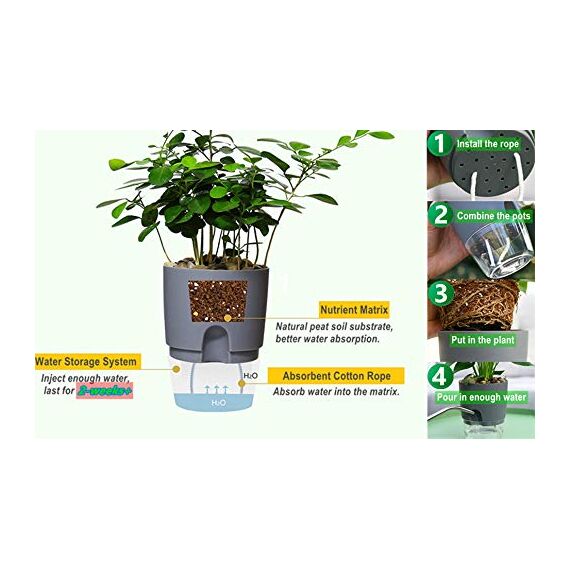 ETGLCOZY Selbstbewässernder Pflanzgefäß für Zimmerpflanzen, 6 Stück, 24 cm, 15 10 8 moderner dekorativer Kunststoff-Übertopf mit extra großem Wasserspeicher alle Blumen, Kräuter (grau)