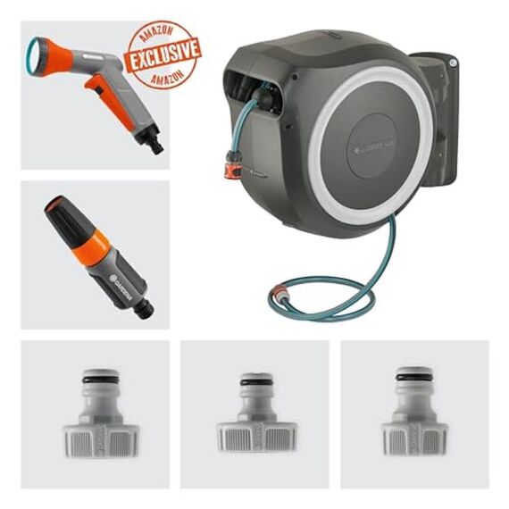 Gardena Wand-Schlauchbox RollUp XL 35 m Exklusiv für Amazon: flexible Bewässerung für große Gärten, Schwenkbare Schlauchbox, inkl. 35 m Qualitätsschlauch mit Brause & Reinigungsspritze (18632-60)