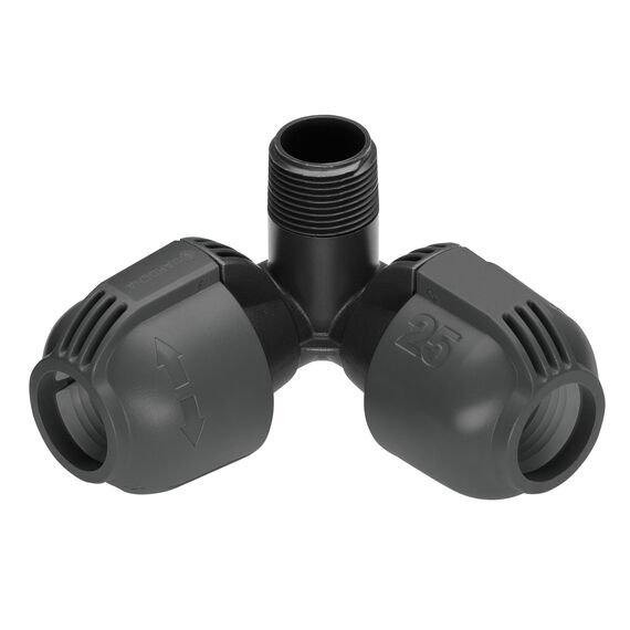 Gardena Sprinklersystem Winkelstück für Außengewinde: Verbindungsstück für Anschluss im Eckbereich von Turbinen-Versenkregner T 380, 25 mm x 3/4 Zoll, Quick&Easy Verbindungstechnik (2783-20)