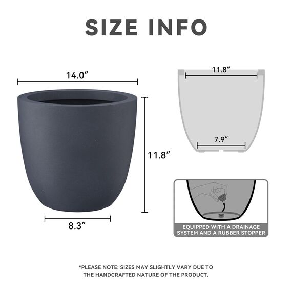 Kante AC0050B-60121 Übertopf aus Beton, modern, für drinnen und draußen, rund, 30,5 cm hoch, Dunkelgrau