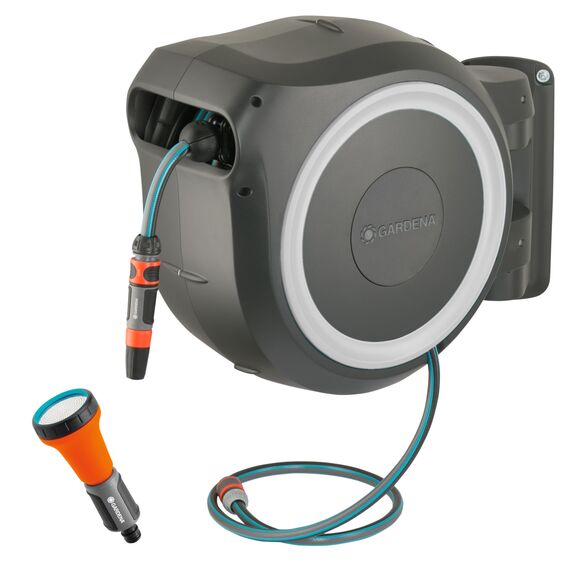 GARDENA Wand-Schlauchbox RollUp M-L (weiß) 25 m, flexible Bewässerung für mittelgroße bis große Gärten, Schwenkbare Schlauchbox, inklusive 25 m Gardena Qualitätschlauch und Montagehilfe (18622-60)