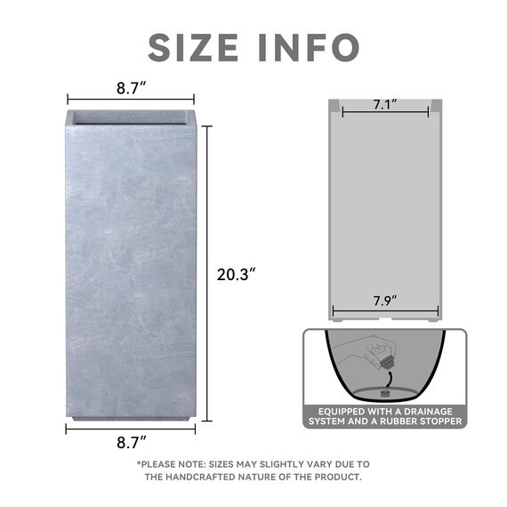 Kante 51,6 cm hoher rechteckiger Beton-Übertopf mit Ablaufloch und Gummistopfen für drinnen und draußen, Haus, Terrasse, Garten, Schiefergrau