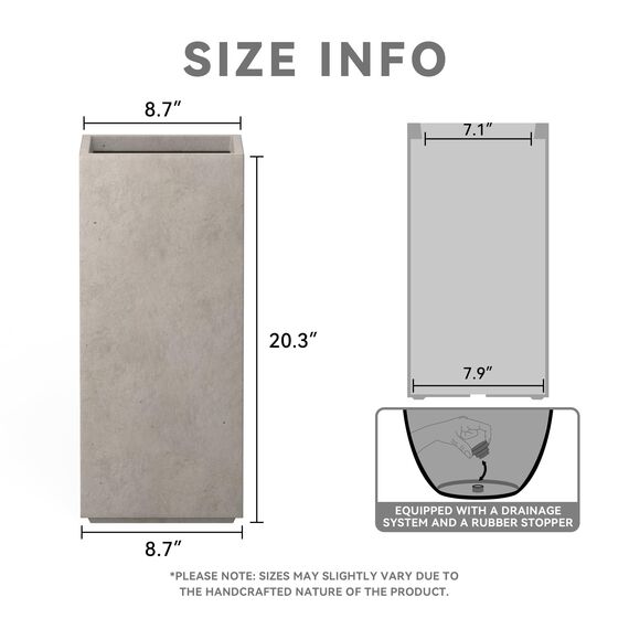 Kante 51,6 cm hoher rechteckiger Beton-Übertopf, moderner quadratischer Durchmesser, Pflanztopf mit Ablaufloch und Gummistopfen für drinnen und draußen, Haus, Terrasse, Garten, wetterfester Beton