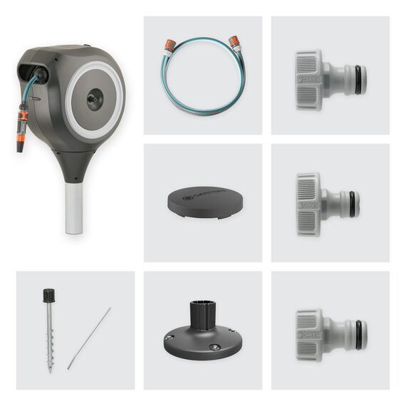 GARDENA Garten-Schlauchbox RollUp M (weiß) 20 m, Schwenkbare Schlauchbox, integrierte Schlauchführung, inklusive 20 m Gardena Qualitätsschlauch, Erdspieß und Montagehilfe (18616-60)