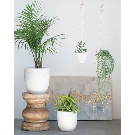 Creative Co-Op Small Matte White Embossed Stoneware Planter Pflanzgefäß, Steinzeug, Weiss/opulenter Garten