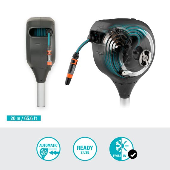 GARDENA Garten-Schlauchbox RollUp M (weiß) 20 m, Schwenkbare Schlauchbox, integrierte Schlauchführung, inklusive 20 m Gardena Qualitätsschlauch, Erdspieß und Montagehilfe (18616-60)