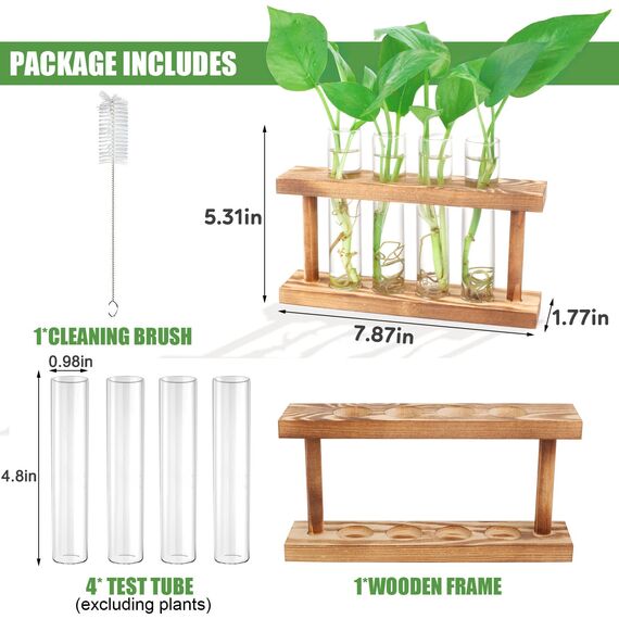 Desktop-Pflanzen-Terrarium, Anzuchtstation, 4 Reagenzgläser, Übertopf, Tisch-Glas-Pflanzgefäß, Vase mit Holzständer für Hydrokulturpflanzen, Heimbüro, Tischdekoration