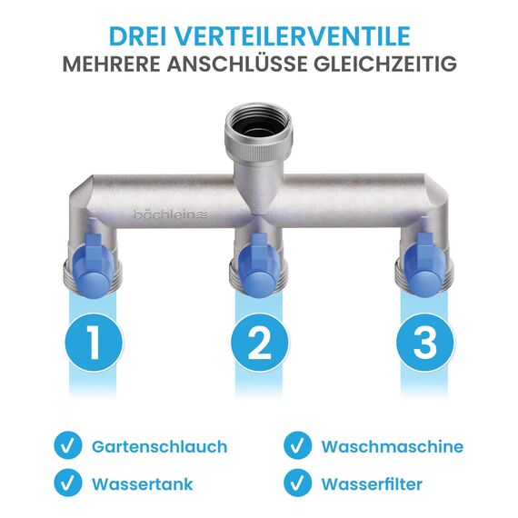 Bächlein 3-Wege-Verteiler aus Messing für den Einsatz in Haus & Garten - 3 Wege Y-Verteiler für einen G 3/4" Wasseranschluss