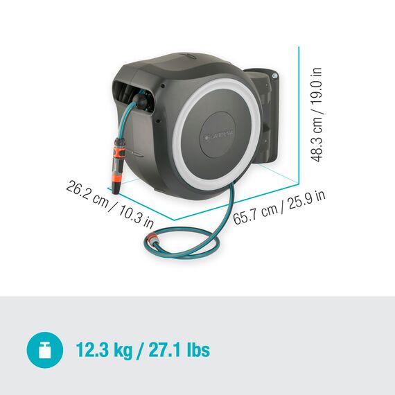 Gardena Wand-Schlauchbox RollUp L (weiß) 30 m exklusiv für Amazon: Schwenkbare Schlauchbox, integrierte Schlauchführung, inkl. 30 m Gardena Qualitätsschlauch, Reinigungsspritze und Brause (18627-38)