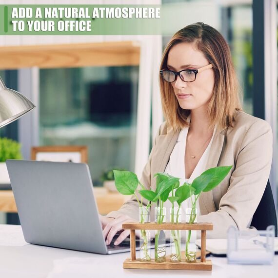 Desktop-Pflanzen-Terrarium, Anzuchtstation, 4 Reagenzgläser, Übertopf, Tisch-Glas-Pflanzgefäß, Vase mit Holzständer für Hydrokulturpflanzen, Heimbüro, Tischdekoration