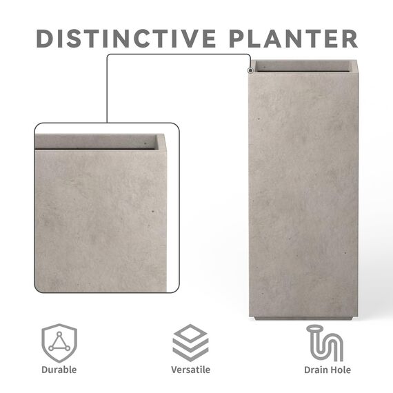 Kante 51,6 cm hoher rechteckiger Beton-Übertopf, moderner quadratischer Durchmesser, Pflanztopf mit Ablaufloch und Gummistopfen für drinnen und draußen, Haus, Terrasse, Garten, wetterfester Beton