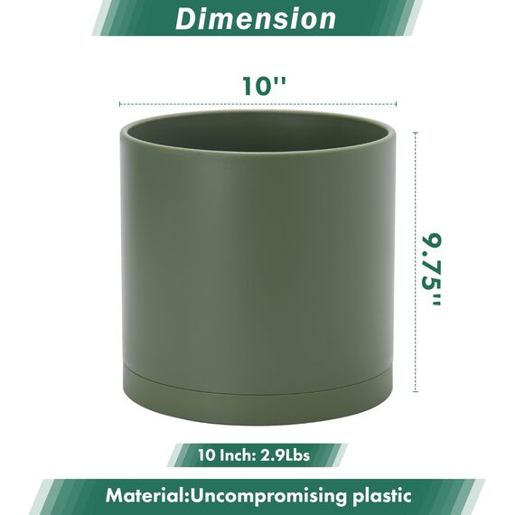 D'vine Dev 25,4 cm Kunststoff-Pflanztöpfe für Blumentopf mit Drainageloch und nahtlosen Untersetzern, Olivgrün, 74-X-I-2