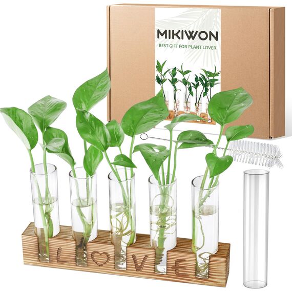 Mikiwon Anzuchtstationen Terrarium mit Holzständer, 5 Reagenzgläser, Desktop-Glas-Pflanzenterrarium in Holzständer für Hydrokulturpflanzen, Schneiden, Büro, Heimdekoration