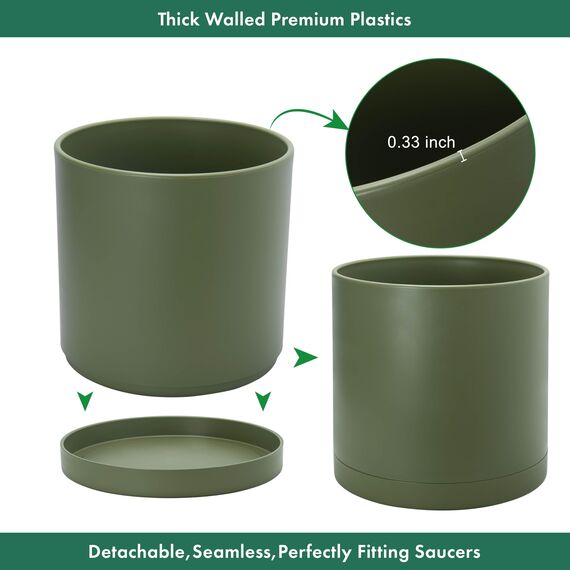 D'vine Dev 25,4 cm Kunststoff-Pflanztöpfe für Blumentopf mit Drainageloch und nahtlosen Untersetzern, Olivgrün, 74-X-I-2