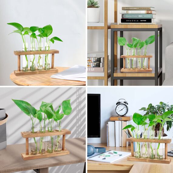 Desktop-Pflanzen-Terrarium, Anzuchtstation, 4 Reagenzgläser, Übertopf, Tisch-Glas-Pflanzgefäß, Vase mit Holzständer für Hydrokulturpflanzen, Heimbüro, Tischdekoration