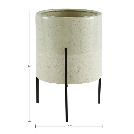 Rivet Mid-Century Keramik-Pflanztopf mit Eisenständer, 35,5 cm hoch, Blassgrün