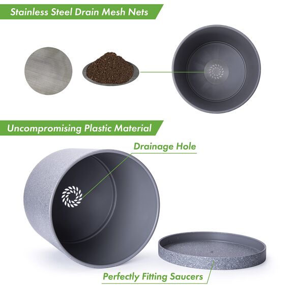 D'vine Dev 10-X Pflanztöpfe aus Kunststoff mit Wasserabflussloch und nahtloser Untertasse, Grau gesprenkelt Farbe, 25,4 cm.