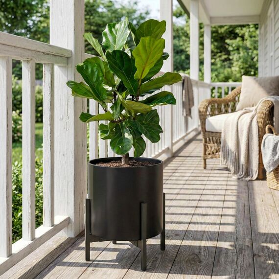 FaithLand Blumentopf 35,6 cm – perfekt passend für Moderne Pflanzenständer Mitte des Jahrhunderts – Ablaufstopfen und Drainagesieb – Mattschwarz