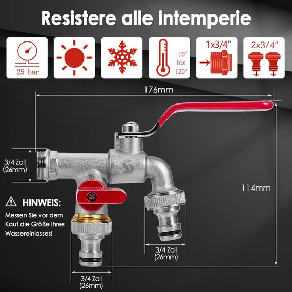 SPGOOD Garten Wasserhahn,Doppel Auslaufhahn 3/4 Zoll,aus Messing Rost-und Frostsicher,mit 2X 3/4 Zoll Abgänge,1x Rollendichtband,Doppelanschluss und Schlauchtülle für,für Garten,Waschmaschine（Rot）