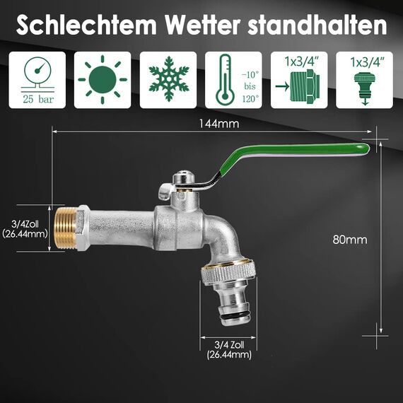 SPGOOD Wasserhahn Garten, Premium Wasserhahn 3/4 Zoll aus Messing Rost-und Frostsicher, mit Schlauchanschluss, 1 x Rollendichtband, für Garten, Waschmaschine, Zuhause oder Industrie(Grün)
