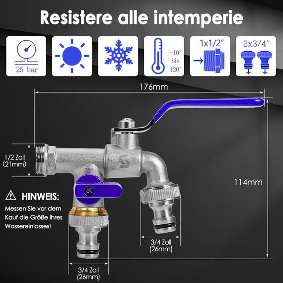 SPGOOD Garten Wasserhahn, Doppel Auslaufhahn 1/2 Messing Wasserhahn Rost- und Frostbeständig mit 2 x Schlauchanschlüsse +1x Roller Sealing Tape, Double Joint und Schlauchtülle für Garten（Blau）