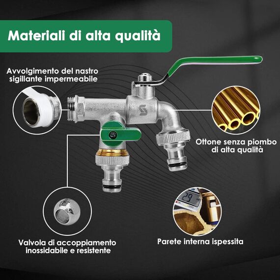 SPGOOD Garten Wasserhahn,Doppel Auslaufhahn 1/2 Zoll,aus Messing Rost-und Frostsicher, mit 2 x Schlauchanschlüsse,1x Rollendichtband,Doppelanschluss und Schlauchtülle für,für Garten(Grün)