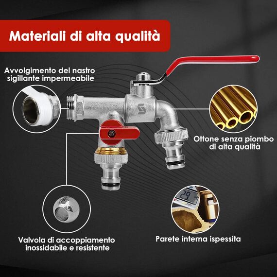 SPGOOD Premium Garten Wasserhahn, 1/2 Doppel Messing Wasserhahn Rost- + mit 2 Schlauchanschlüsse + 1x Trommeldichtband, Doppelgelenk und Schlauchtülle für Garten(Rot)