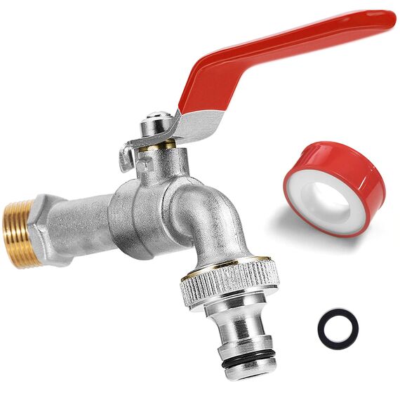 SPGOOD Wasserhahn Garten, Premium Wasserhahn 3/4 Zoll aus Messing Rost-und Frostsicher, mit Schlauchanschluss, 1 x Rollendichtband, für Garten, Waschmaschine, Zuhause oder Industrie(Rot)