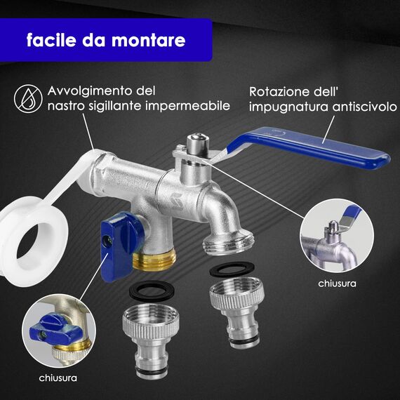 SPGOOD Garten Wasserhahn, Doppel Auslaufhahn 1/2 Messing Wasserhahn Rost- und Frostbeständig mit 2 x Schlauchanschlüsse +1x Roller Sealing Tape, Double Joint und Schlauchtülle für Garten（Blau）