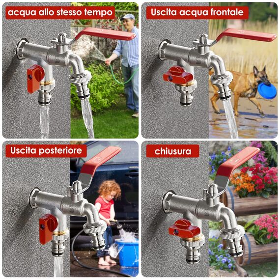 SPGOOD Premium Garten Wasserhahn, 1/2 Doppel Messing Wasserhahn Rost- + mit 2 Schlauchanschlüsse + 1x Trommeldichtband, Doppelgelenk und Schlauchtülle für Garten(Rot)