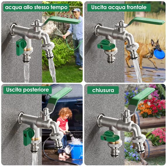 SPGOOD Garten Wasserhahn,Doppel Auslaufhahn 1/2 Zoll,aus Messing Rost-und Frostsicher, mit 2 x Schlauchanschlüsse,1x Rollendichtband,Doppelanschluss und Schlauchtülle für,für Garten(Grün)