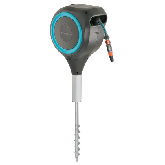 Gardena Garten-Schlauchbox RollUp S (türkis) 15 m: Schwenkbare Schlauchbox, integrierte Schlauchführung, inkl. 15 m Gardena Qualitätsschlauch, Erdspieß und Montagehilfe (18604-20)