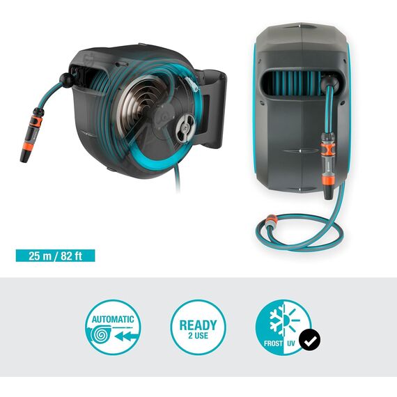 Gardena Wand-Schlauchbox RollUp M/L (türkis) 25 m: flexible Bewässerung für mittelgroße bis große Gärten, Schwenkbare, inkl. 25 m Qualitätschlauch und Montagehilfe (18620-20)