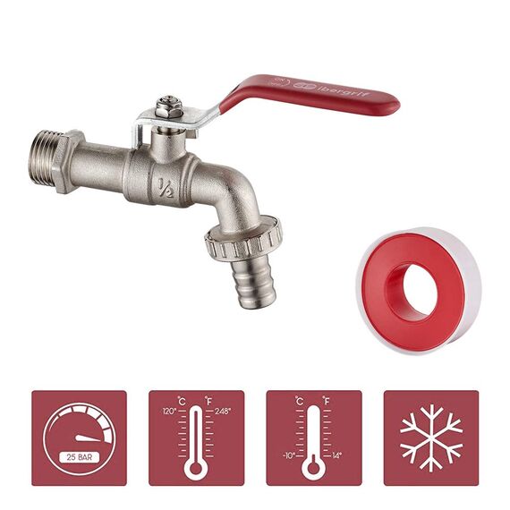 Ibergrif Garten Wasserhahn 1/2 zoll mit Gartenschlauch Adapter - Kugelhahn Frostsicher -10℃, High Temperature Resistance 120℃, Absperrhahn Tropffrei für Garten Regentonne, Wasserhahn Aussen Messing