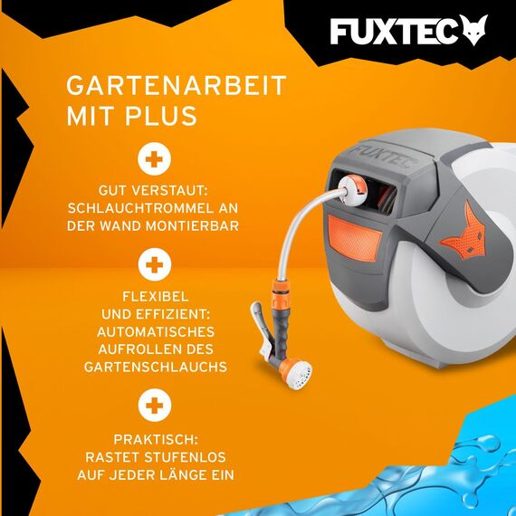 Fuxtec automatische Schlauchtrommel FX-WSA30 – 30 m Gartenschlauch ½ Zoll – Schlauchaufroller zur Wandmontage inkl. Handbrause und Anschlüssen – 180° schwenkbar (65x29x46 cm)