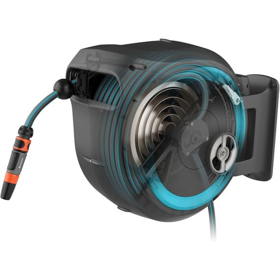 Gardena Wand-Schlauchbox RollUp M/L (türkis) 25 m: flexible Bewässerung für mittelgroße bis große Gärten, Schwenkbare, inkl. 25 m Qualitätschlauch und Montagehilfe (18620-20)