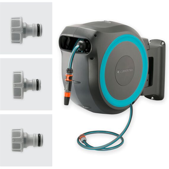 Gardena Wand-Schlauchbox RollUp M/L (türkis) 25 m: flexible Bewässerung für mittelgroße bis große Gärten, Schwenkbare, inkl. 25 m Qualitätschlauch und Montagehilfe (18620-20)