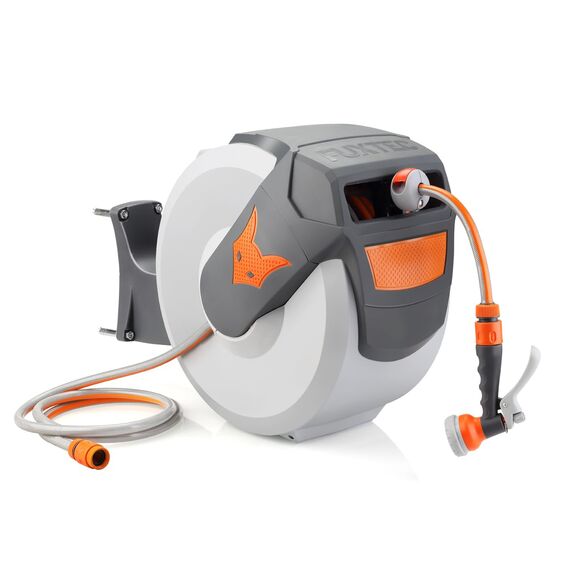 Fuxtec automatische Schlauchtrommel FX-WSA30 – 30 m Gartenschlauch ½ Zoll – Schlauchaufroller zur Wandmontage inkl. Handbrause und Anschlüssen – 180° schwenkbar (65x29x46 cm)