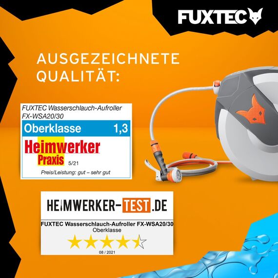 Fuxtec automatische Schlauchtrommel FX-WSA30 – 30 m Gartenschlauch ½ Zoll – Schlauchaufroller zur Wandmontage inkl. Handbrause und Anschlüssen – 180° schwenkbar (65x29x46 cm)