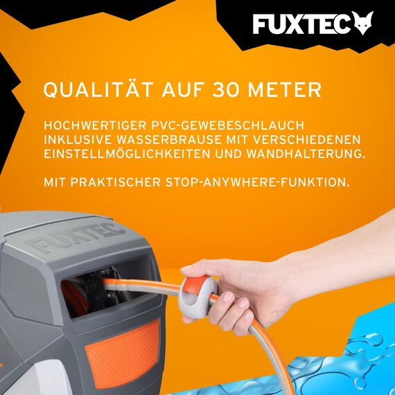 Fuxtec automatische Schlauchtrommel FX-WSA30 – 30 m Gartenschlauch ½ Zoll – Schlauchaufroller zur Wandmontage inkl. Handbrause und Anschlüssen – 180° schwenkbar (65x29x46 cm)