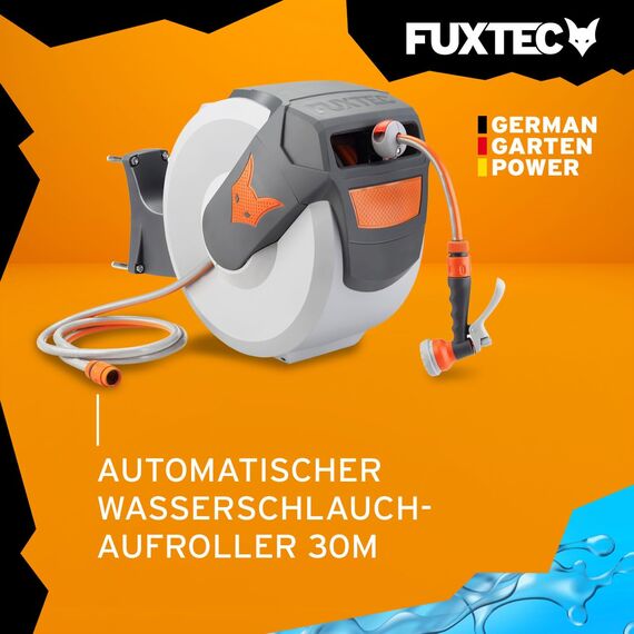 Fuxtec automatische Schlauchtrommel FX-WSA30 – 30 m Gartenschlauch ½ Zoll – Schlauchaufroller zur Wandmontage inkl. Handbrause und Anschlüssen – 180° schwenkbar (65x29x46 cm)