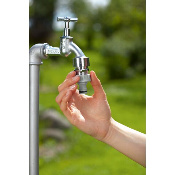Gardena Hahnverbinder 33,3 mm (G 1 Zoll): Adapter für den Anschluss eines Wasserschlauchs, Anti-Splash-Technologie, frostsicher, Original Gardena System, lose Verpackung (18222-20)