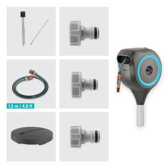 Gardena Garten-Schlauchbox RollUp M (türkis) 20 m: Schwenkbare Schlauchbox, integrierte Schlauchführung, inkl. 20 m Gardena Qualitätsschlauch, Erdspieß und Montagehilfe (18614-20)
