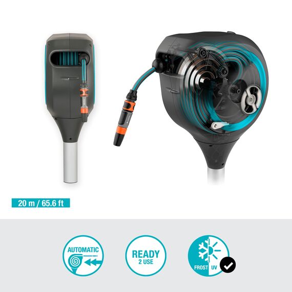 Gardena Garten-Schlauchbox RollUp M (türkis) 20 m: Schwenkbare Schlauchbox, integrierte Schlauchführung, inkl. 20 m Gardena Qualitätsschlauch, Erdspieß und Montagehilfe (18614-20)