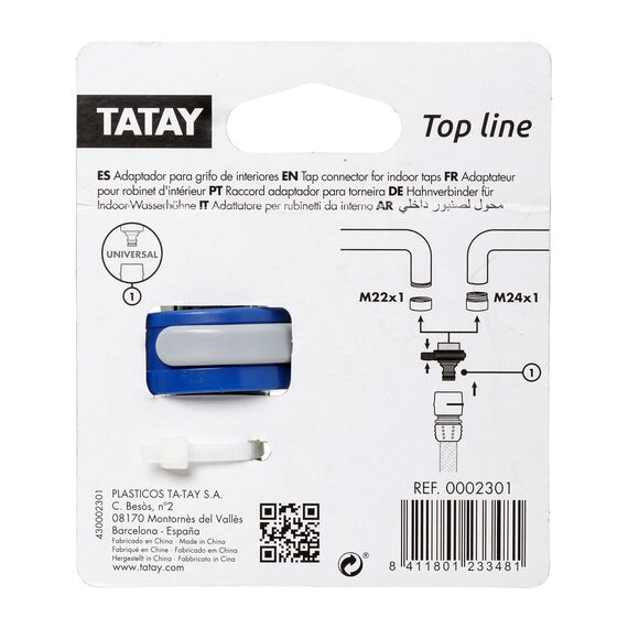 TATAY Hahnverbinder für Indoor-wasserhähne Top Line, Außengewinde 24mm, Innengewinde 22mm, Universalstecker, Sonnenschutz, Einfache Installation, Blau. 0002301