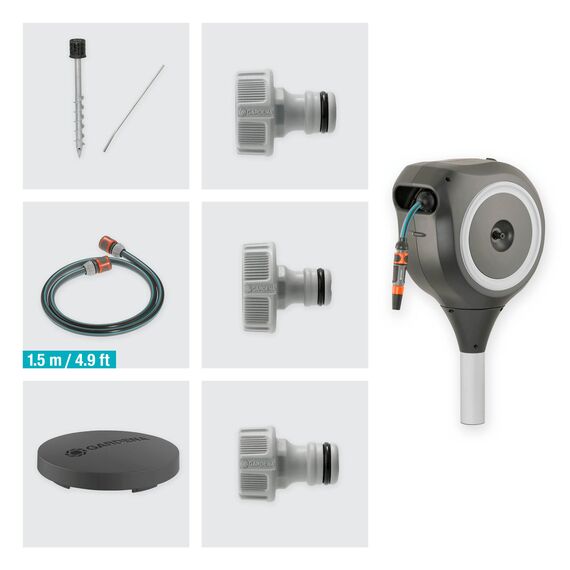 Gardena Garten-Schlauchbox RollUp M (weiß) 20 m: Schwenkbare Schlauchbox, integrierte Schlauchführung, inkl. 20 m Gardena Qualitätsschlauch, Erdspieß und Montagehilfe (18616-20)