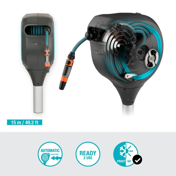 Gardena Garten-Schlauchbox RollUp S (türkis) 15 m: Schwenkbare Schlauchbox, integrierte Schlauchführung, inkl. 15 m Gardena Qualitätsschlauch, Erdspieß und Montagehilfe (18604-20)