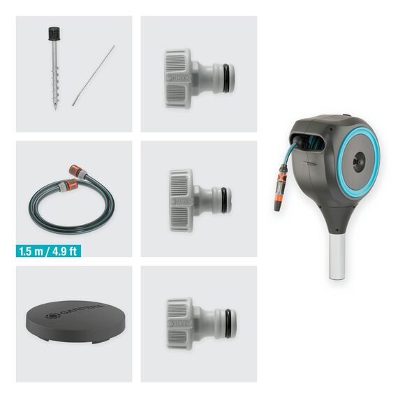 Gardena Garten-Schlauchbox RollUp S (türkis) 15 m: Schwenkbare Schlauchbox, integrierte Schlauchführung, inkl. 15 m Gardena Qualitätsschlauch, Erdspieß und Montagehilfe (18604-20)